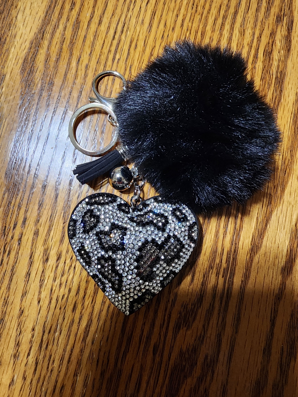 Black Leopard Print Heart With Pom Rhinestone Bag Charm Keychain